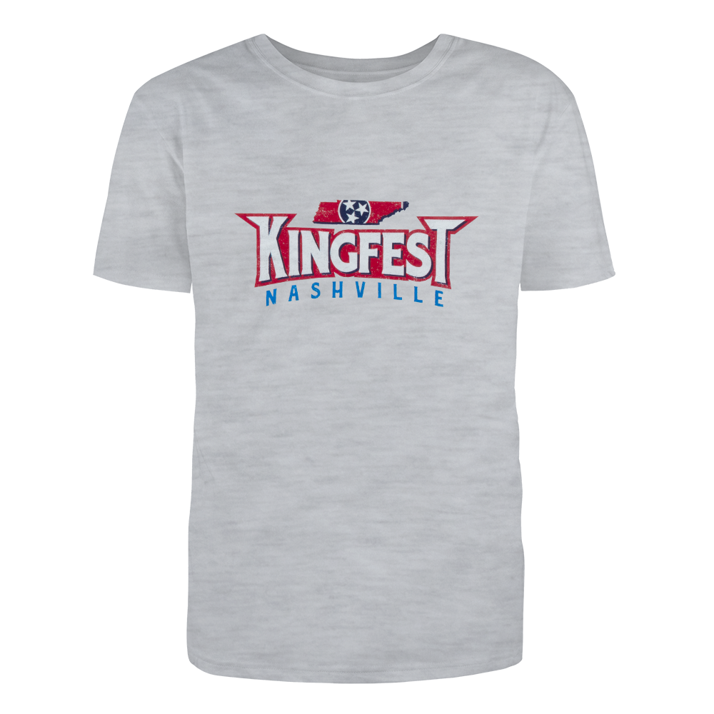 tee-grey-front "Kingfest Nashville" with Tennessee state-back "2023 Kingfest Nashville" crown logo with city outline