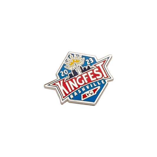 pin-"2023 kingfest nashville" with crown logo and city outline