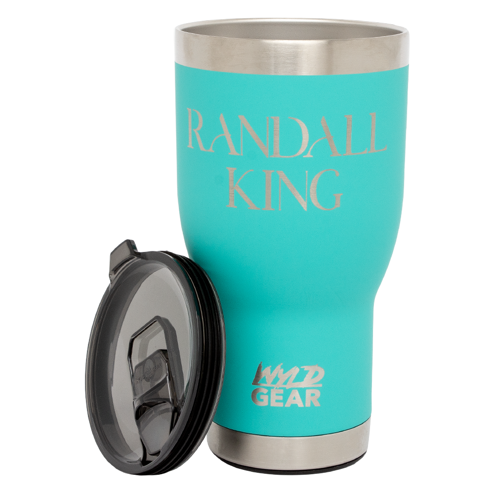 tumbler with bottle opener-turquoise-"Randall King" and crown logo