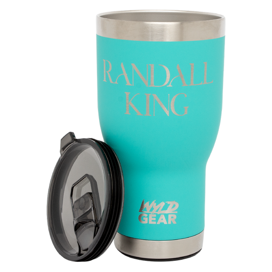 tumbler with bottle opener-turquoise-"Randall King" and crown logo