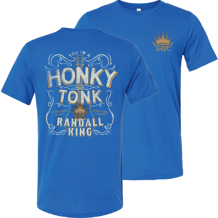 tee-heather true royal-front RK crown logo-back "You In A Honky Tonk" with guitar and crown logo