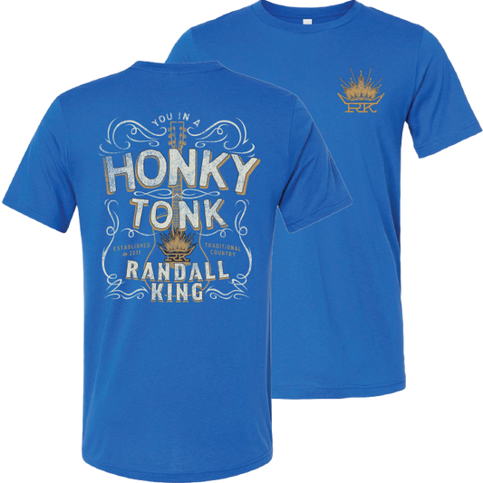 tee-heather true royal-front RK crown logo-back "You In A Honky Tonk" with guitar and crown logo