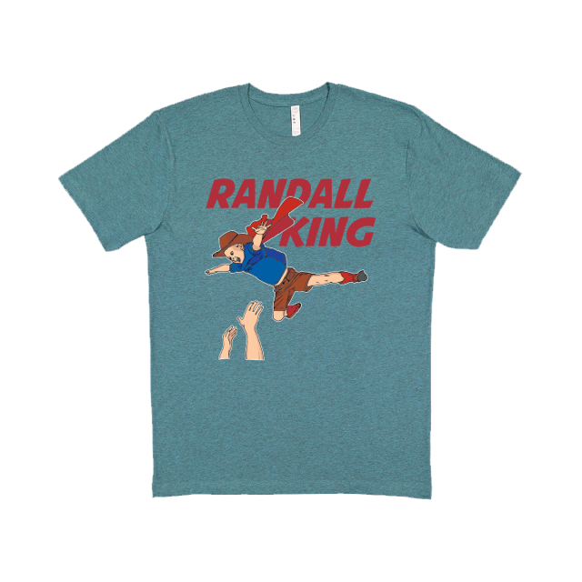 youth tee-heather turquoise-"Randall King" kid with cowboy hat and superman cap