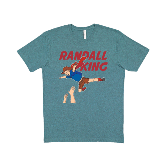 youth tee-heather turquoise-"Randall King" kid with cowboy hat and superman cap