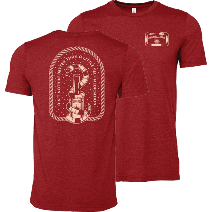 tee-heather red-front "Randall King" with crown and snake-back "Ain't nothin' better than a little medication" with snake around beer bottle