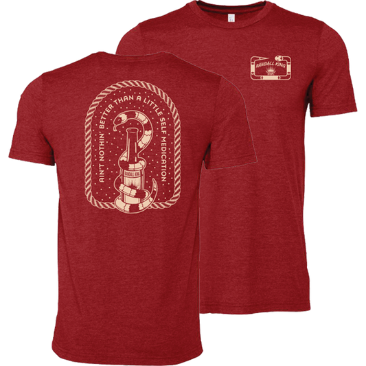 tee-heather red-front "Randall King" with crown and snake-back "Ain't nothin' better than a little medication" with snake around beer bottle