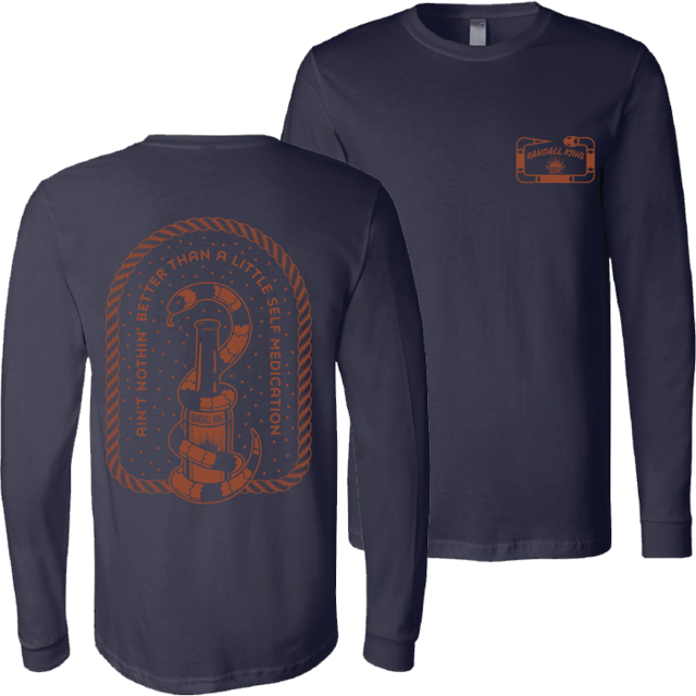 long sleeve tee-heather blue-front "Randall King" crown logo and snake-back "Aint nothin better than a little self medication" with snake around beer bottle