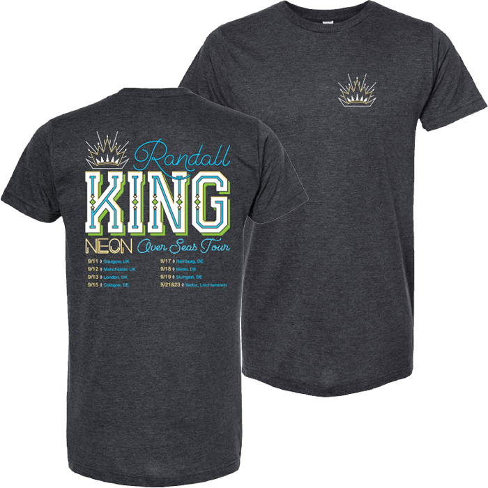 tee-heather grey-front crown logo-back "neon over seas tour" with tour dates and cities