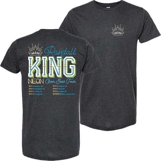 tee-heather grey-front crown logo-back "neon over seas tour" with tour dates and cities