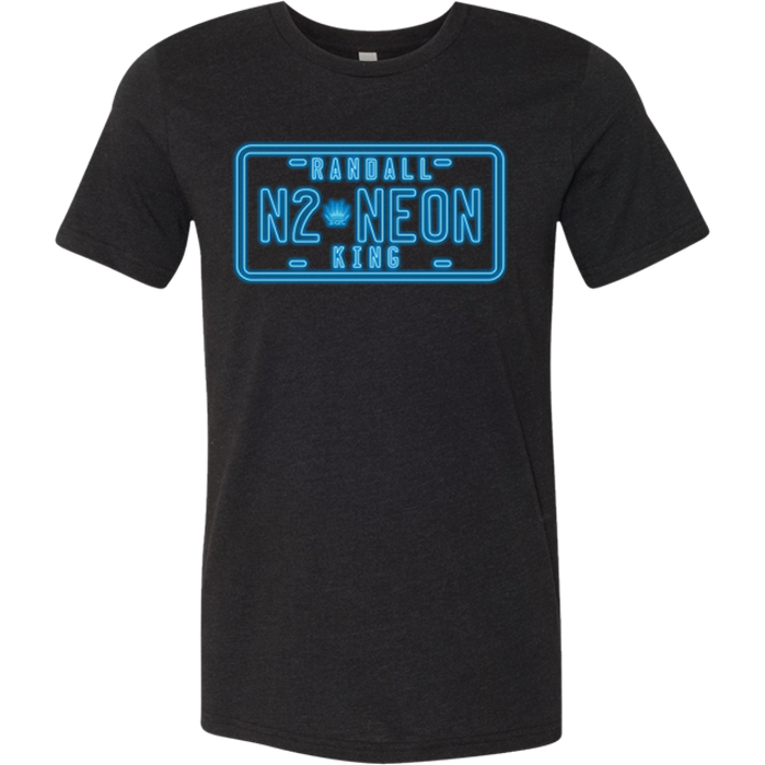tee-black heather-"N2 Neon Randall King" neon blue license plate