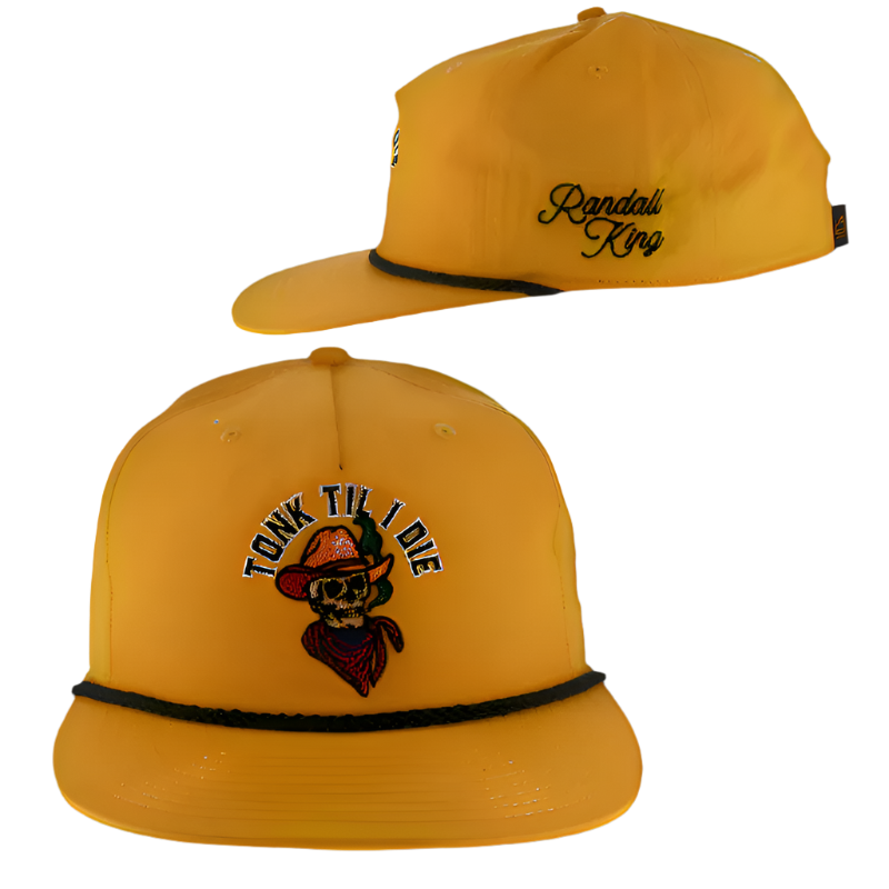baseball hat-yellow-front "Tonk til i die" cowboy skeleton-side "Randall King"