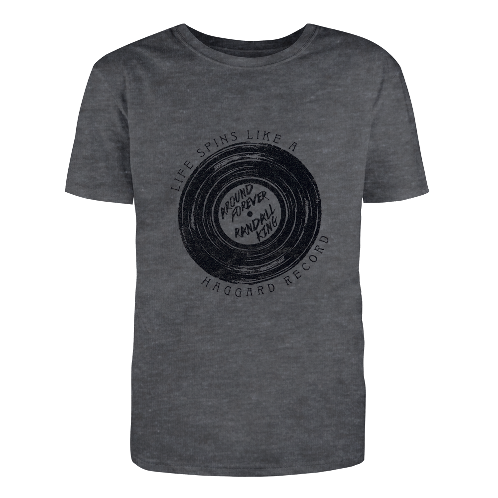 tee-heather grey-"life spins like a haggard record" with vinyl record and "around forever" in the center