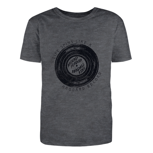 tee-heather grey-"life spins like a haggard record" with vinyl record and "around forever" in the center