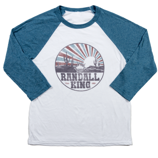tee-white/blue-"Randall King" RK crown logo and sunset desert