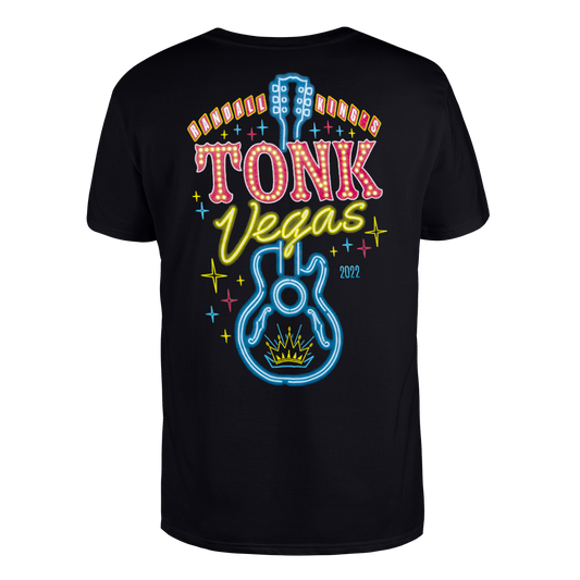 tee-black-front crown logo-back vegas style "Randall King's Tonk Vegas 2022" neon guitar with crown logo