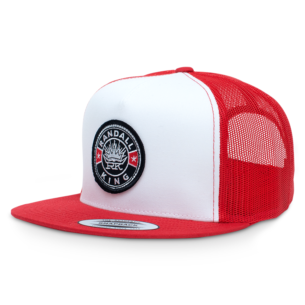 baseball hat-white/red-"Randall King" RK crown logo circle patch