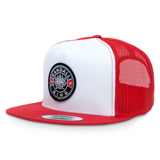 baseball hat-white/red-"Randall King" RK crown logo circle patch
