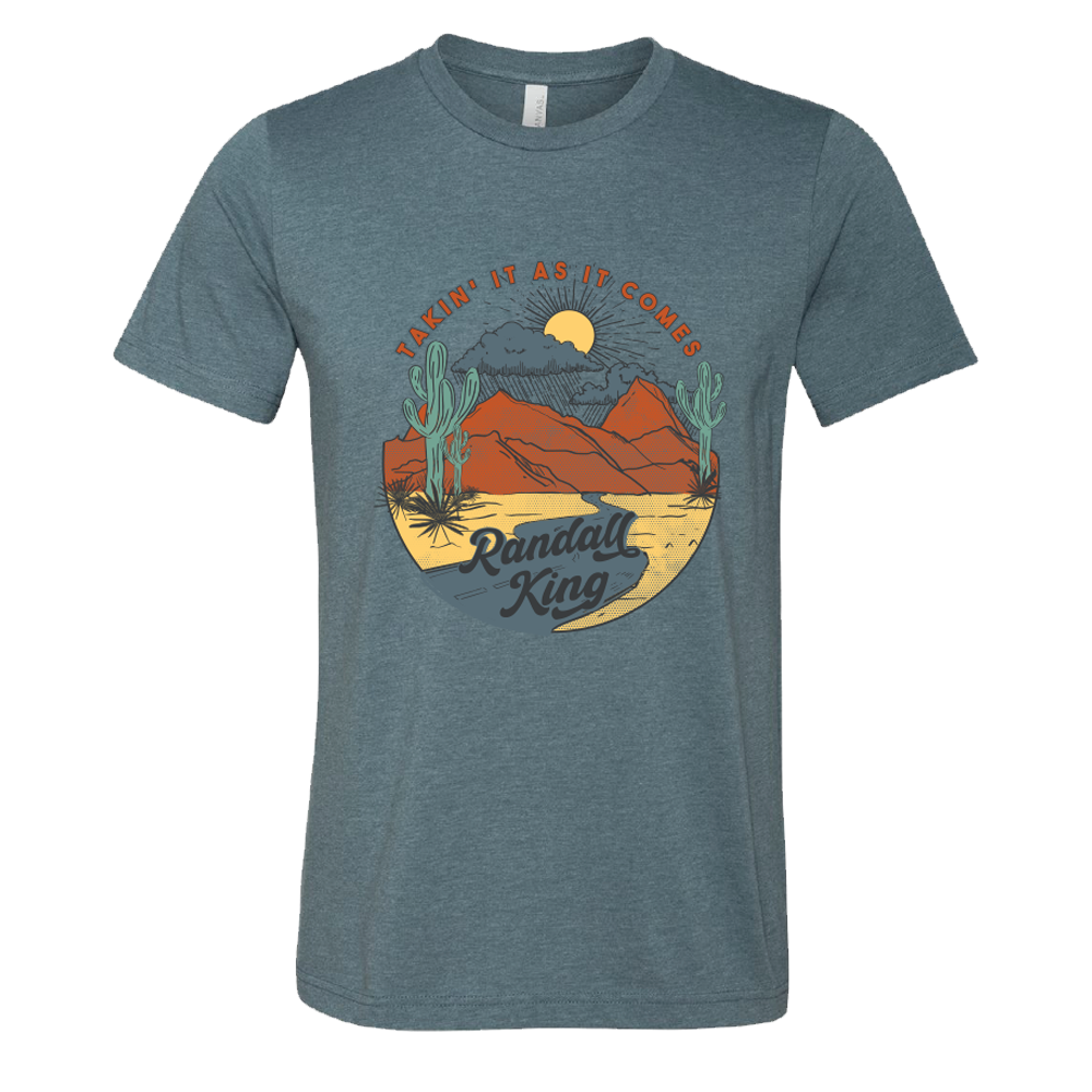 tee-heather slate-"takin it as it comes" desert with sun and rain clouds