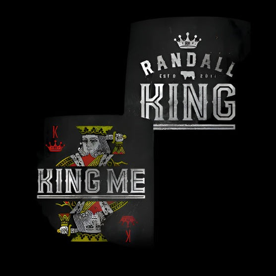can cooler-black-front "Randall King" with crown logo-back "King me" with king card