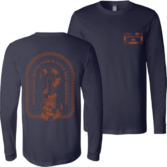 long sleeve tee-heather blue-front "Randall King" crown logo and snake-back "Aint nothin better than a little self medication" with snake around beer bottle