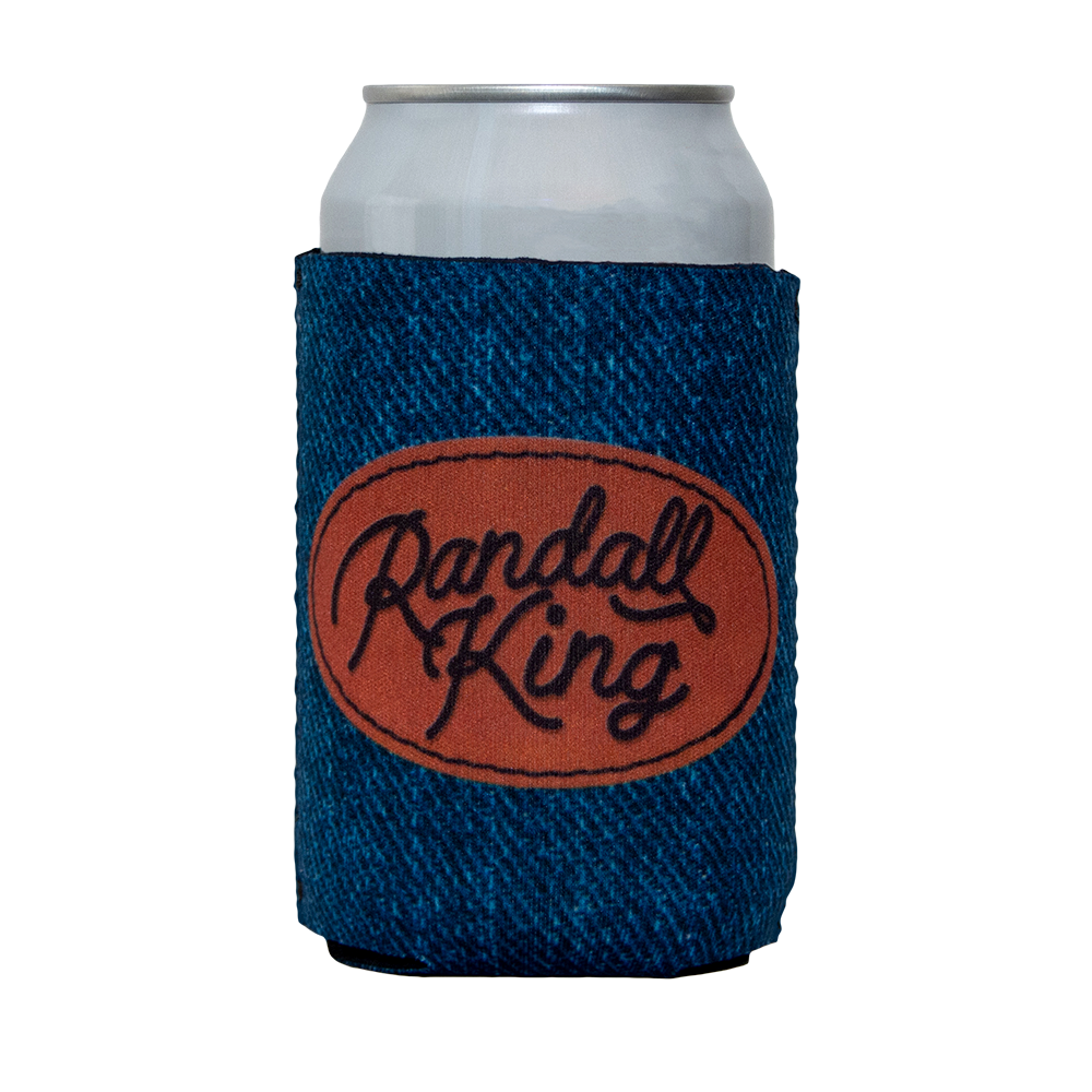 Denim with orange Randall King patch printed on a can cooler