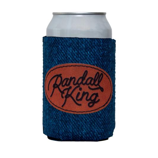Denim with orange Randall King patch printed on a can cooler