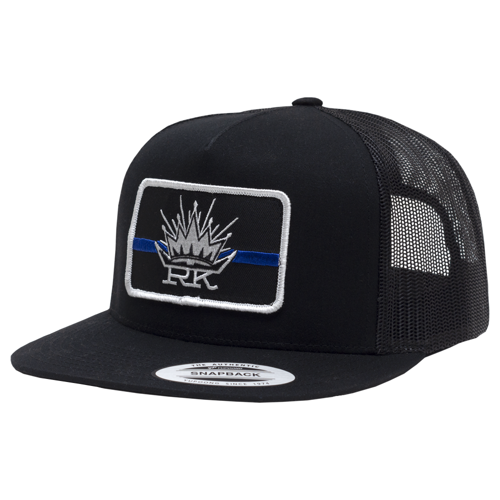 Black Snap Back Trucker hat with a Randall King Logo Patch Blue Bar through Logo
